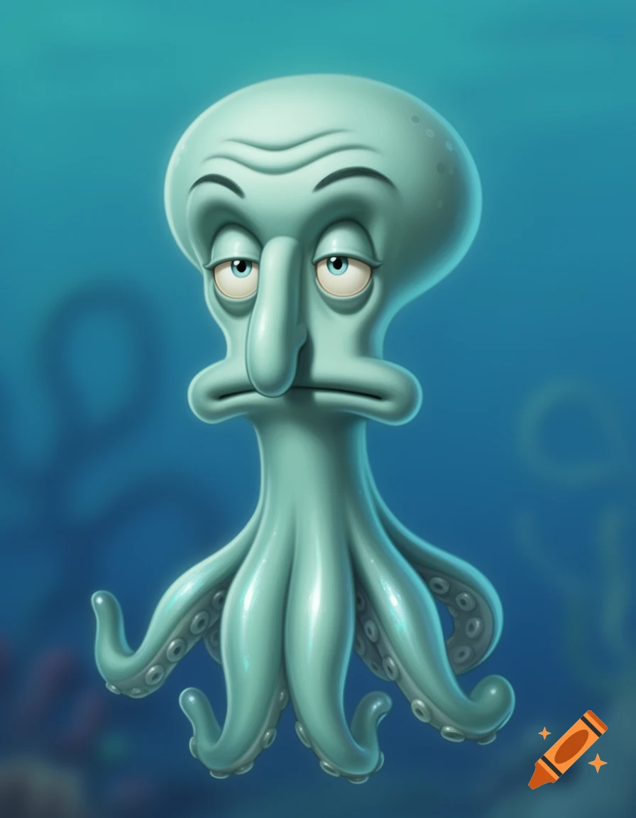 A stylized, detailed portrait of Squidward Tentacles with a melancholy expression, against a blue underwater background.