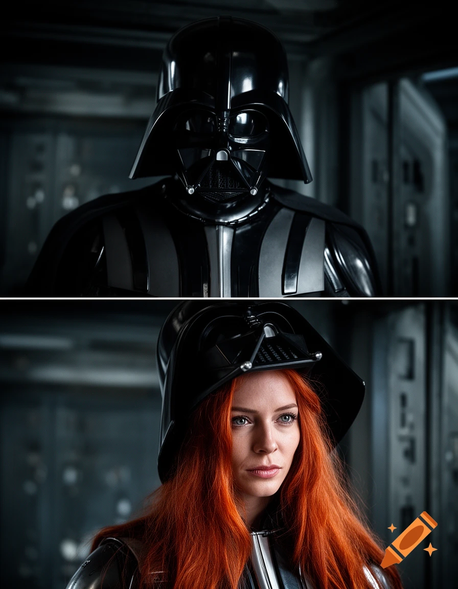 Two panels: top shows a detailed Darth Vader helmet; bottom reveals a woman with long red hair partially wearing the helmet.