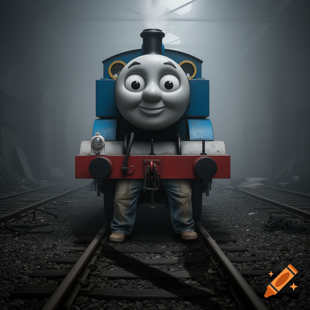 Thomas the Tank Engine's head on human legs, standing on train tracks in a dark, foggy tunnel.