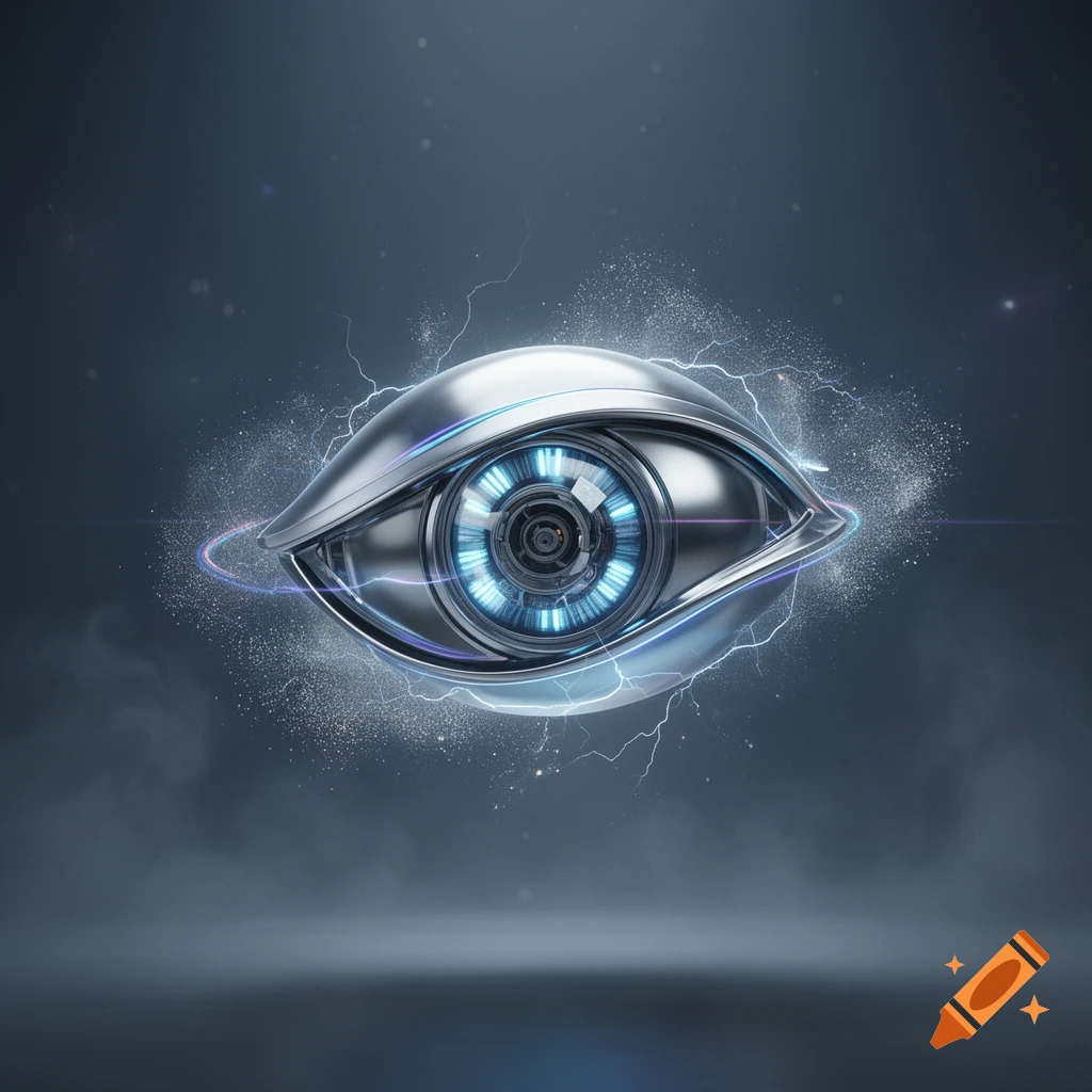 A metallic, futuristic eye with glowing blue circuits and lightning effects, centered on a dark, stormy background.