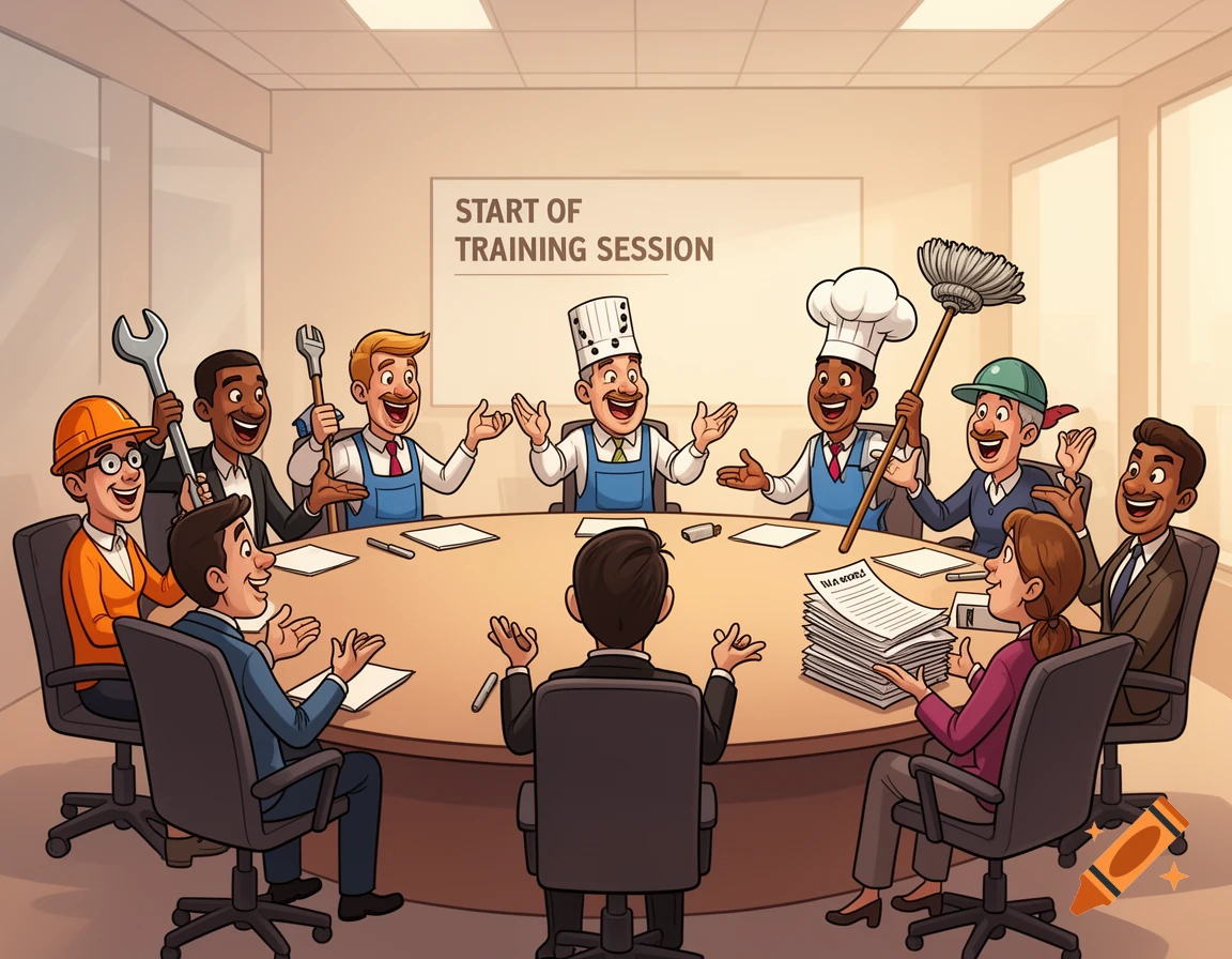 A diverse group of cartoon professionals with tools like a wrench and mop, in a meeting room for a training session.