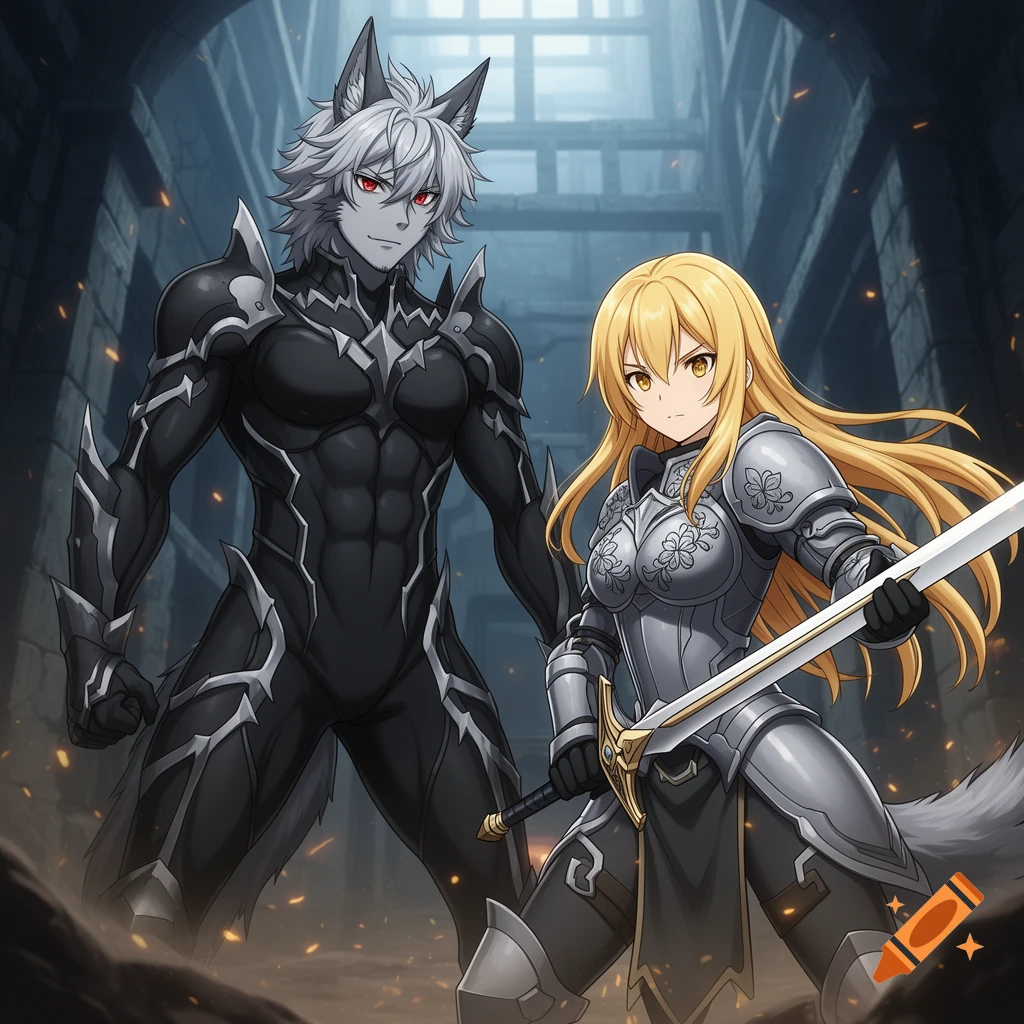 Anime art of a silver-haired wolfman in dark armor and a blonde female knight with a sword, standing in a dungeon.