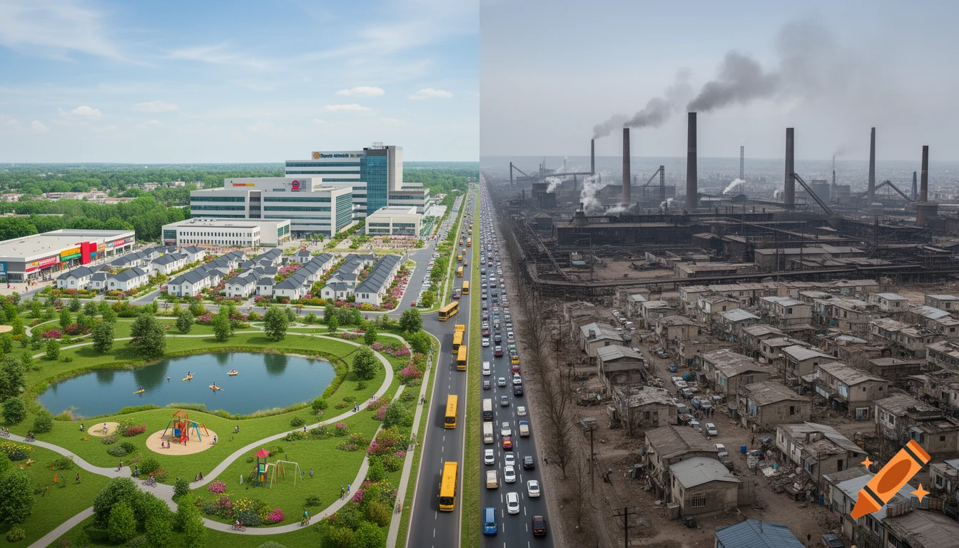 An aerial split view of two cities: one lush green with modern buildings, a park, and a lake, the other a grim industrial area with factories and dense, rundown housing.