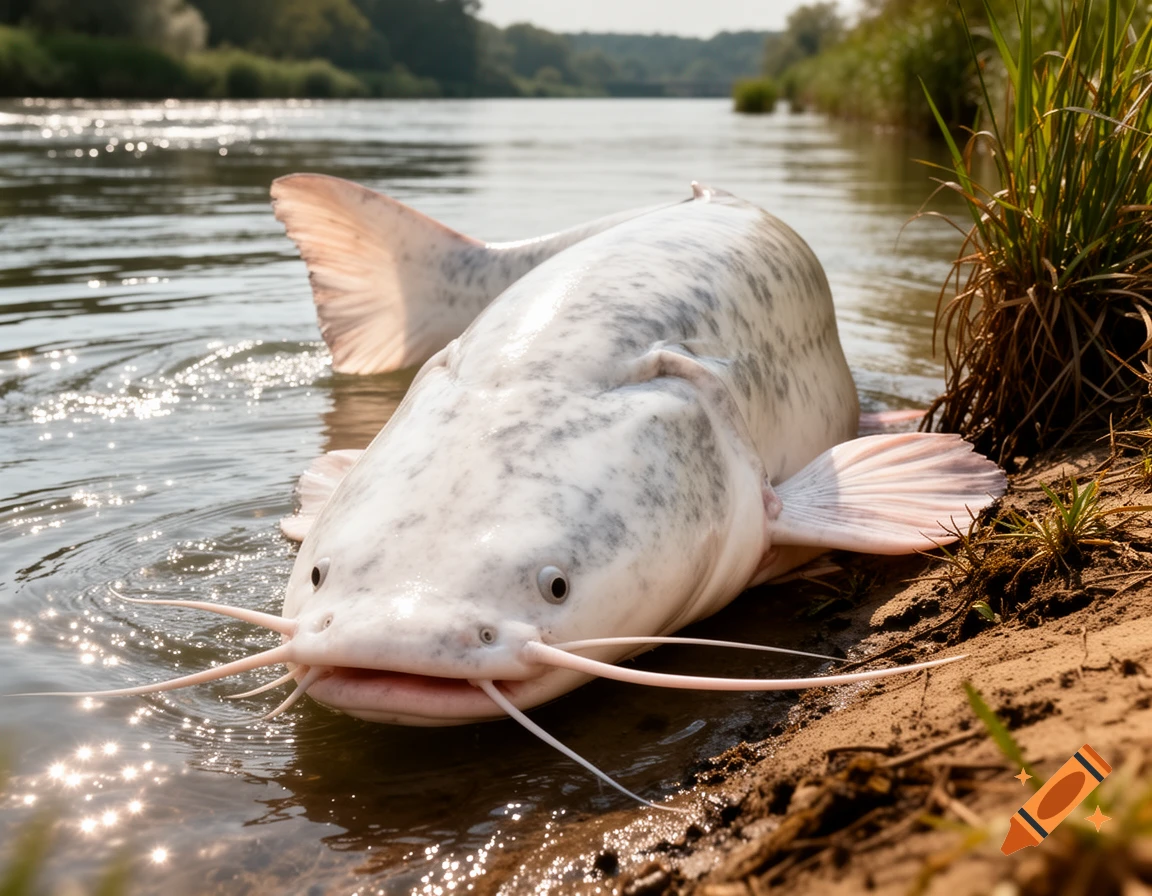A large, pale catfish with whiskers partially in a sunny river and on a muddy bank.