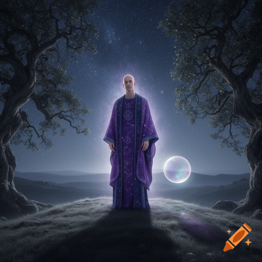 A bald man in a glowing purple robe with constellations stands on a grassy hill under a starry night sky, with a glowing orb.