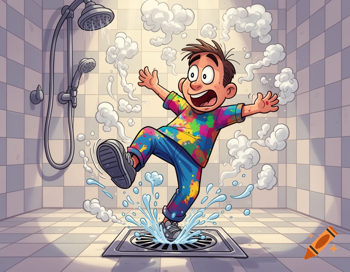A vibrant cartoon boy with paint-splattered clothes stomps on a shower drain in a tiled bathroom, splashing water.