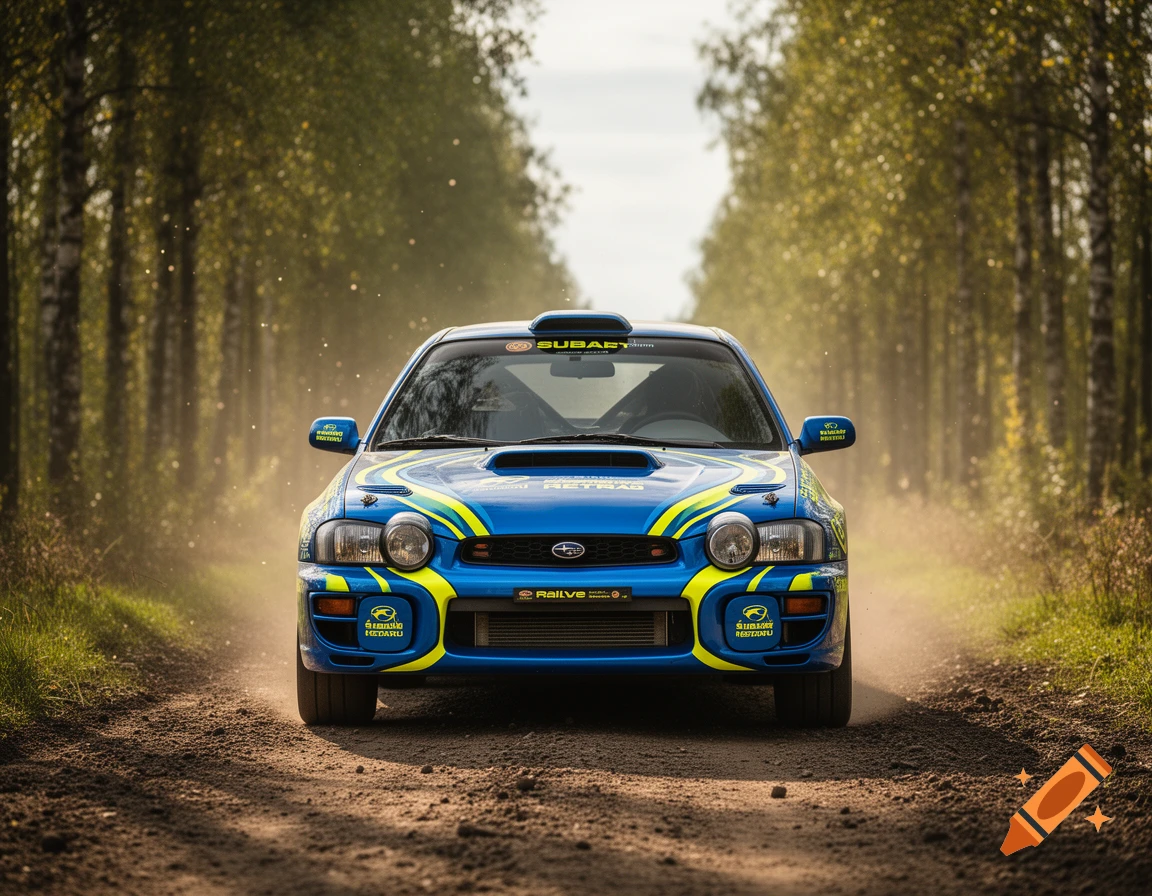A blue Subaru Impreza rally car on a dusty dirt road, framed by trees, in a photorealistic style.