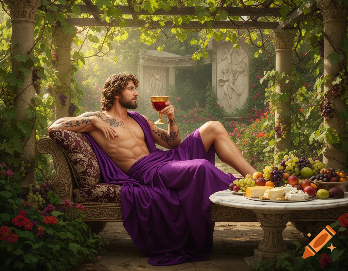 Photorealistic man resembling Bacchus reclines under a grape arbor, holding wine, surrounded by fruit and cheese in a lush garden.