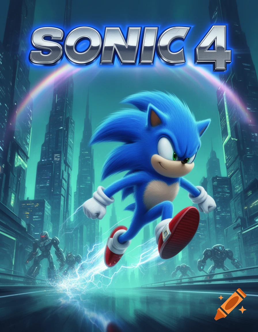 Sonic the Hedgehog speeds through a futuristic city, with the title 'SONIC 4' above and robots in the background.