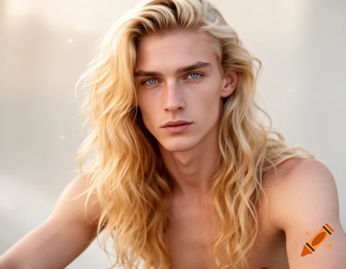 Close-up portrait of a young man with long wavy blonde hair and striking blue eyes, looking directly at the viewer.