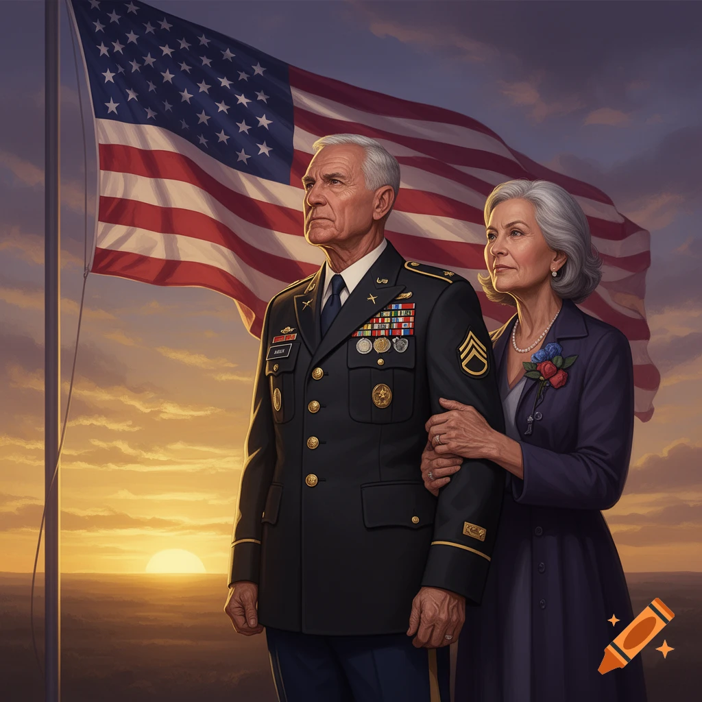 Illustration of an older military man in uniform with his spouse, standing proudly before a waving American flag at sunset.