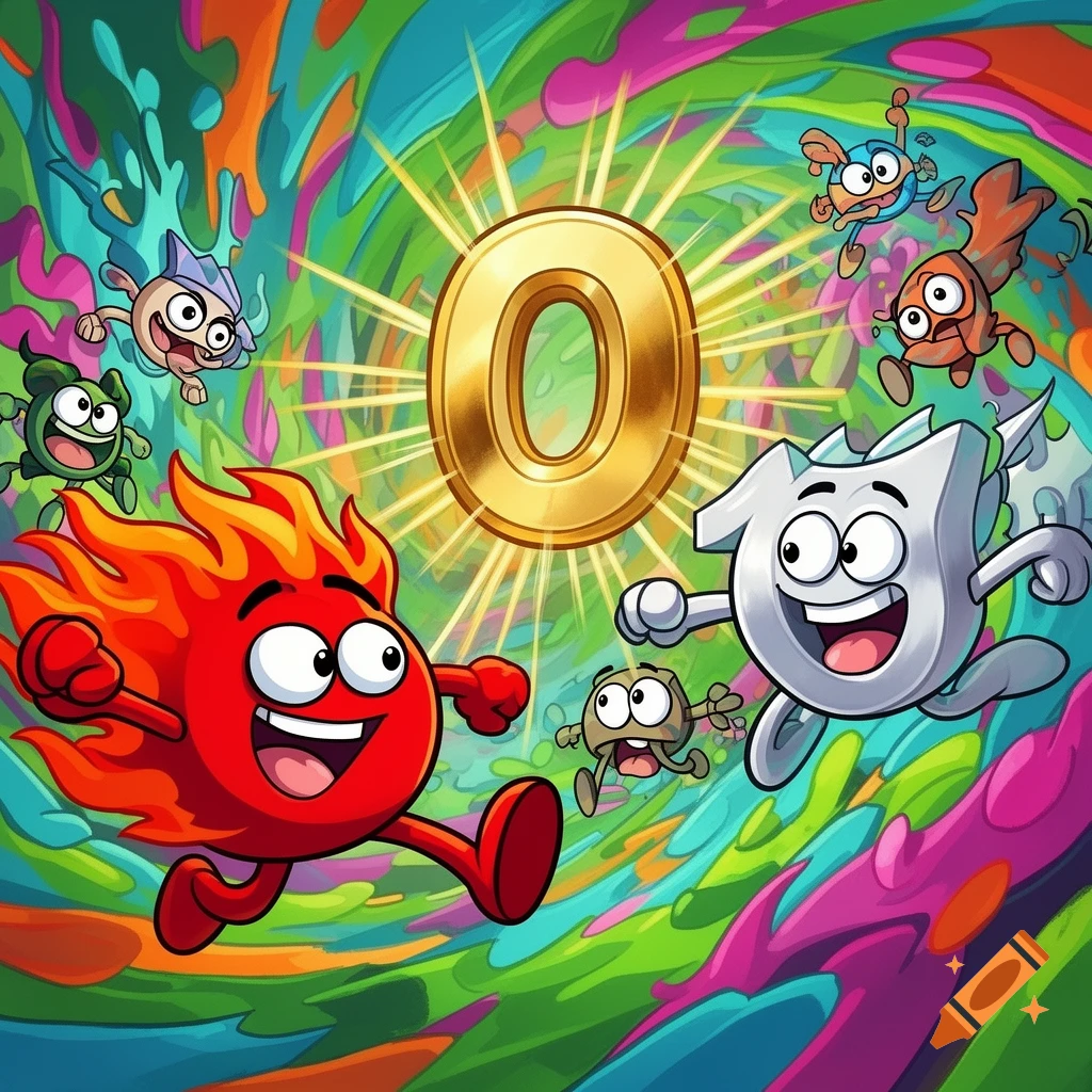 Cartoon characters, including a fiery red creature and a white number 10, chase a glowing golden number 0 amidst a colorful, swirling background.