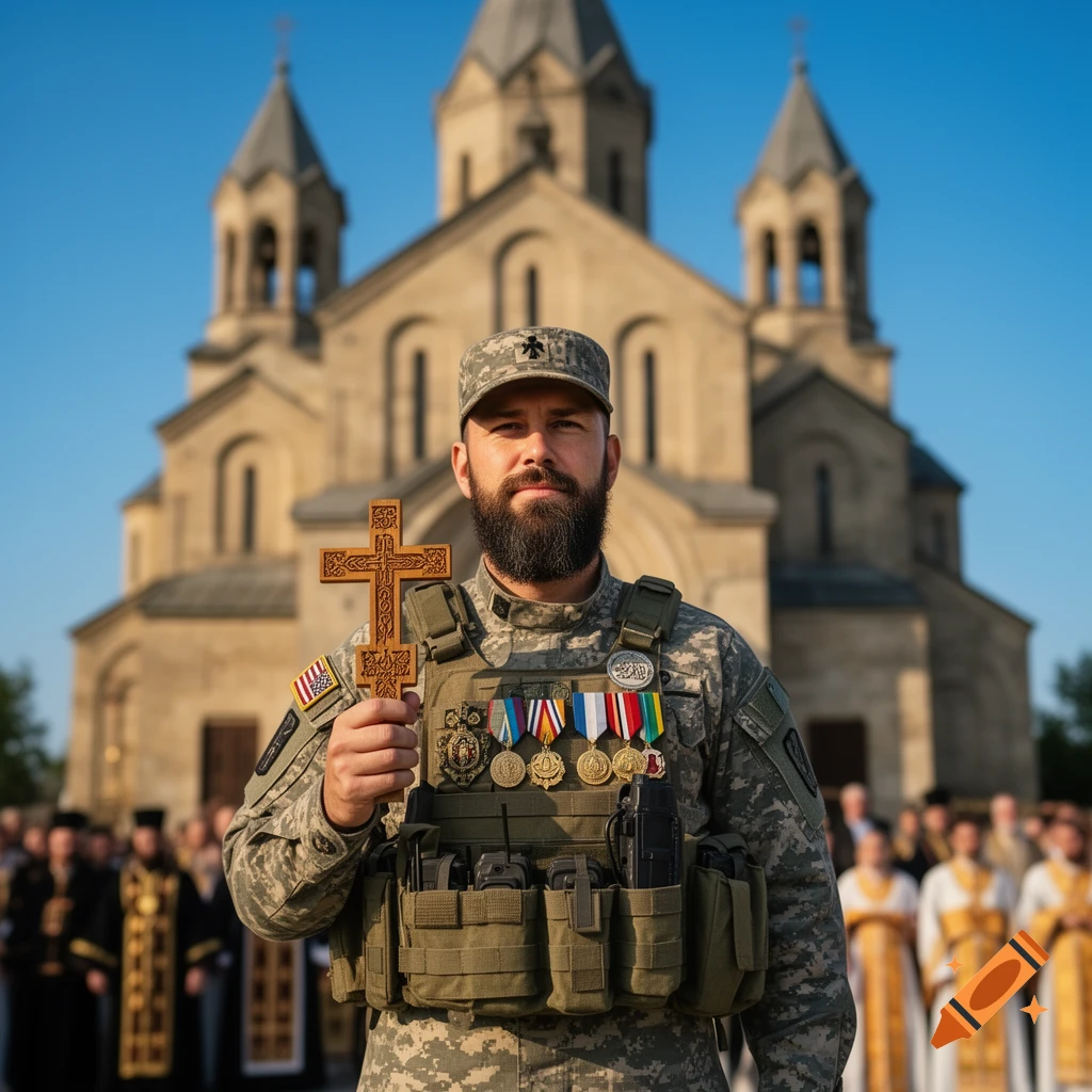 A bearded man in US military camouflage and tactical vest holds a carved wooden cross in front of a church.