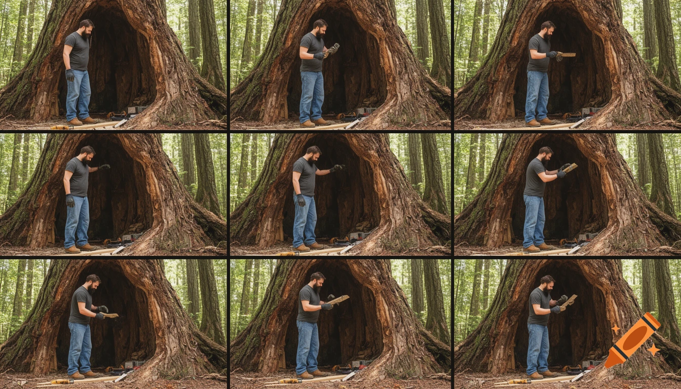 A grid of nine photorealistic images shows a bearded man in work clothes standing in a hollow tree trunk in a forest, working with wood and tools.