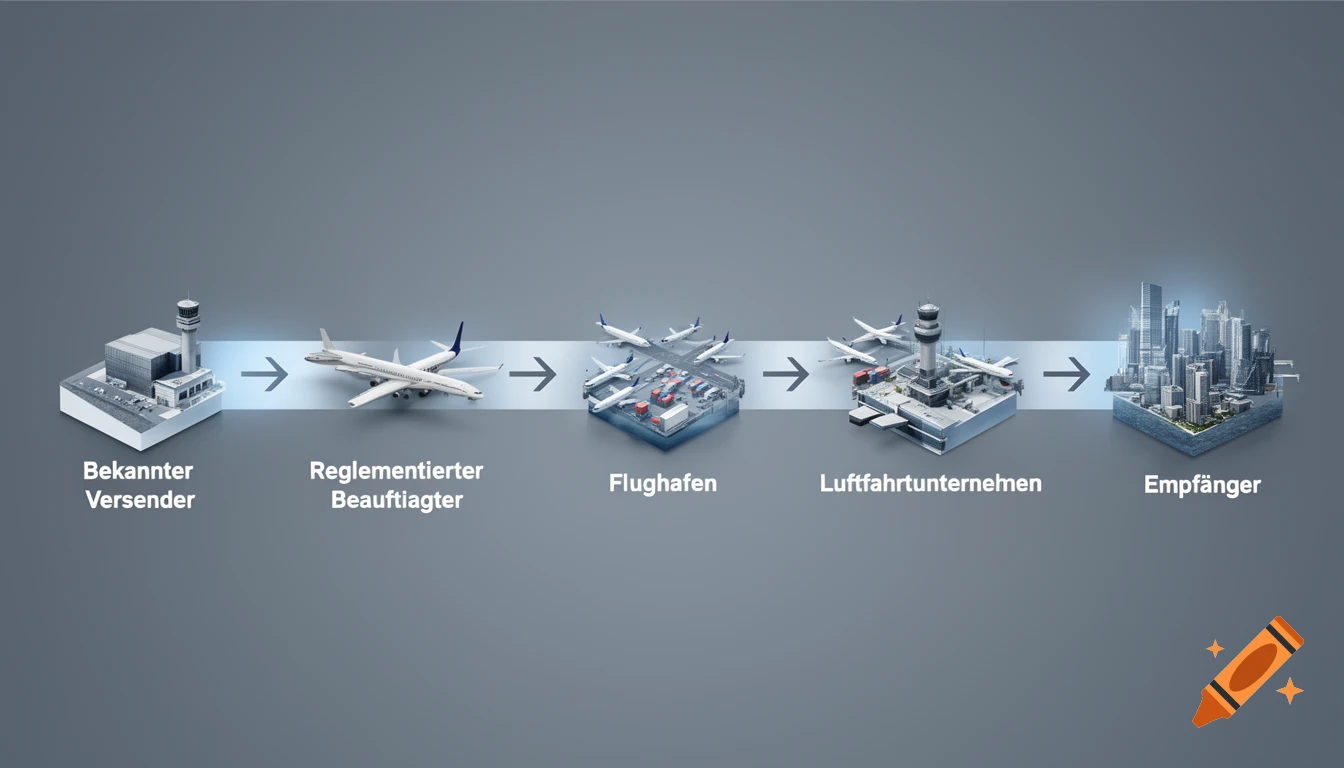 A diagram illustrating an air cargo supply chain from sender to recipient, featuring airports, airplanes, and cityscapes connected by arrows.
