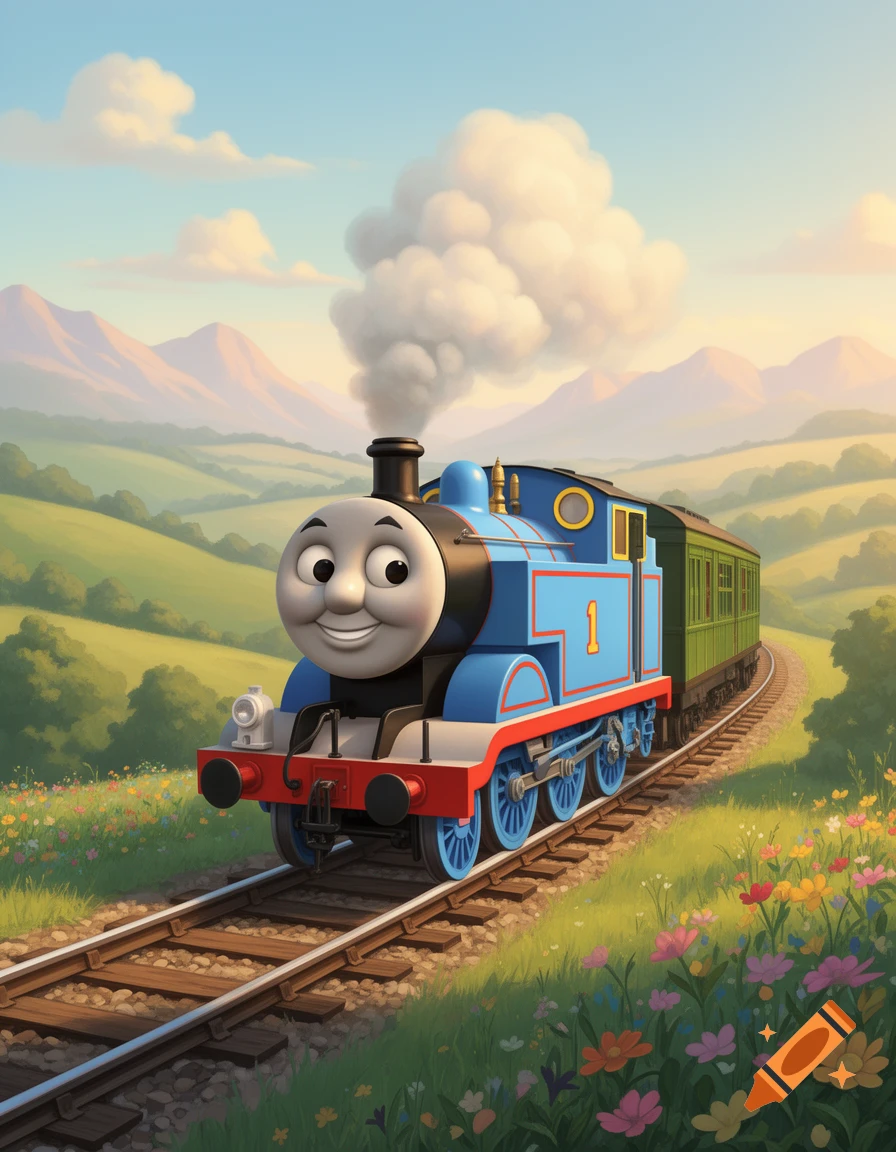 Thomas the Tank Engine smiling and steaming along a train track through a green, flowery valley with mountains.