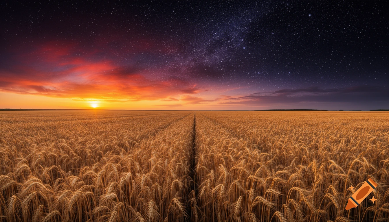 A vast photorealistic wheat field stretches under a sky transitioning from a fiery sunset to a dark, star-filled night.