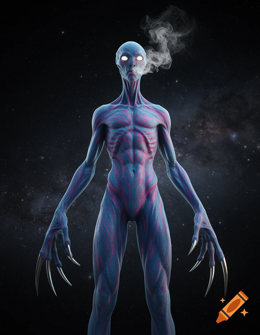 Tall alien creature with blue and pink striped skin, glowing white eyes, long sharp claws, and smoke from its mouth, against a starry cosmic background.