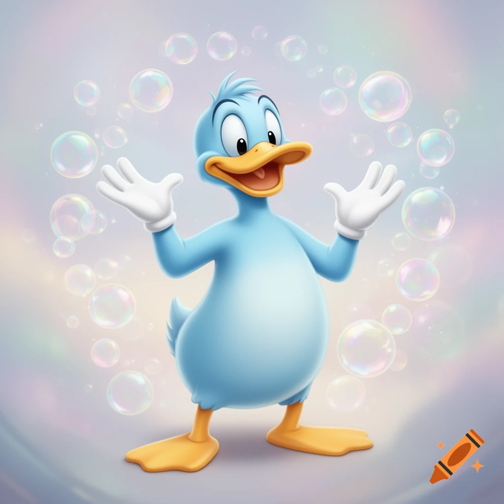 A sky blue cartoon duck with a yellow beak and white gloves, raising its hands, surrounded by colorful bubbles.