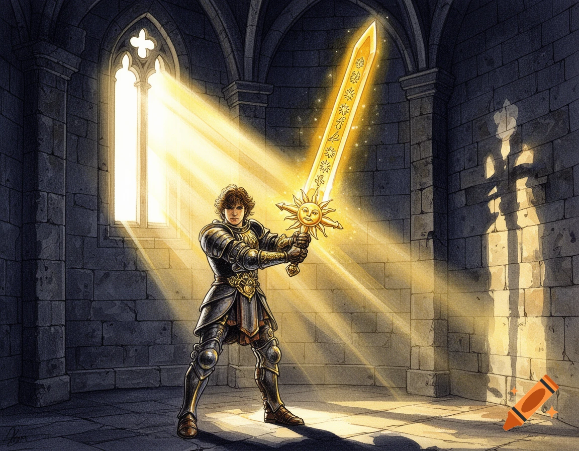 A hero in detailed medieval armor holds a glowing golden broadsword with a sun emblem on the hilt, etched with glowing runes, inside a stone castle tower room. A bright beam of sunlight illuminates the sword, casting dramatic shadows in a 1980s dark fantasy book illustration style.
