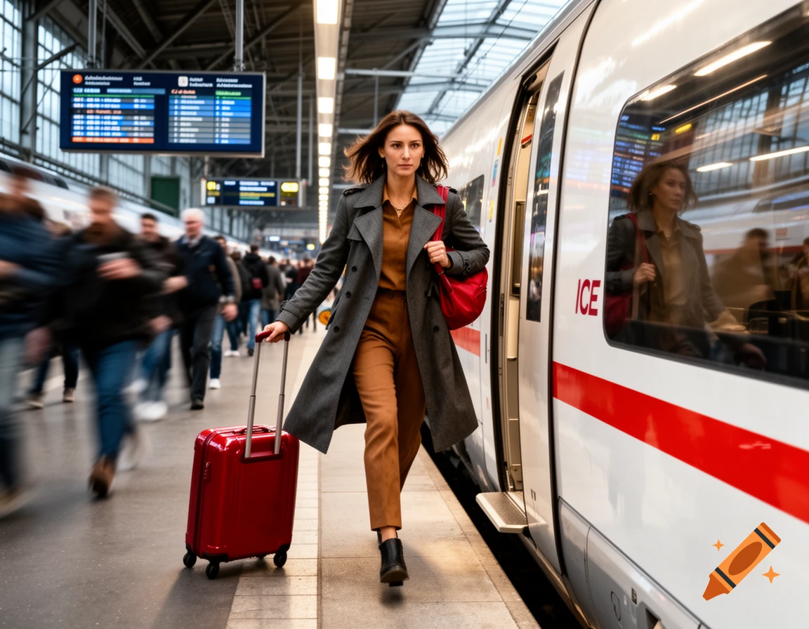 A woman with a red suitcase and bag walks along a train platform next to a white ICE train. People are blurred in the background.