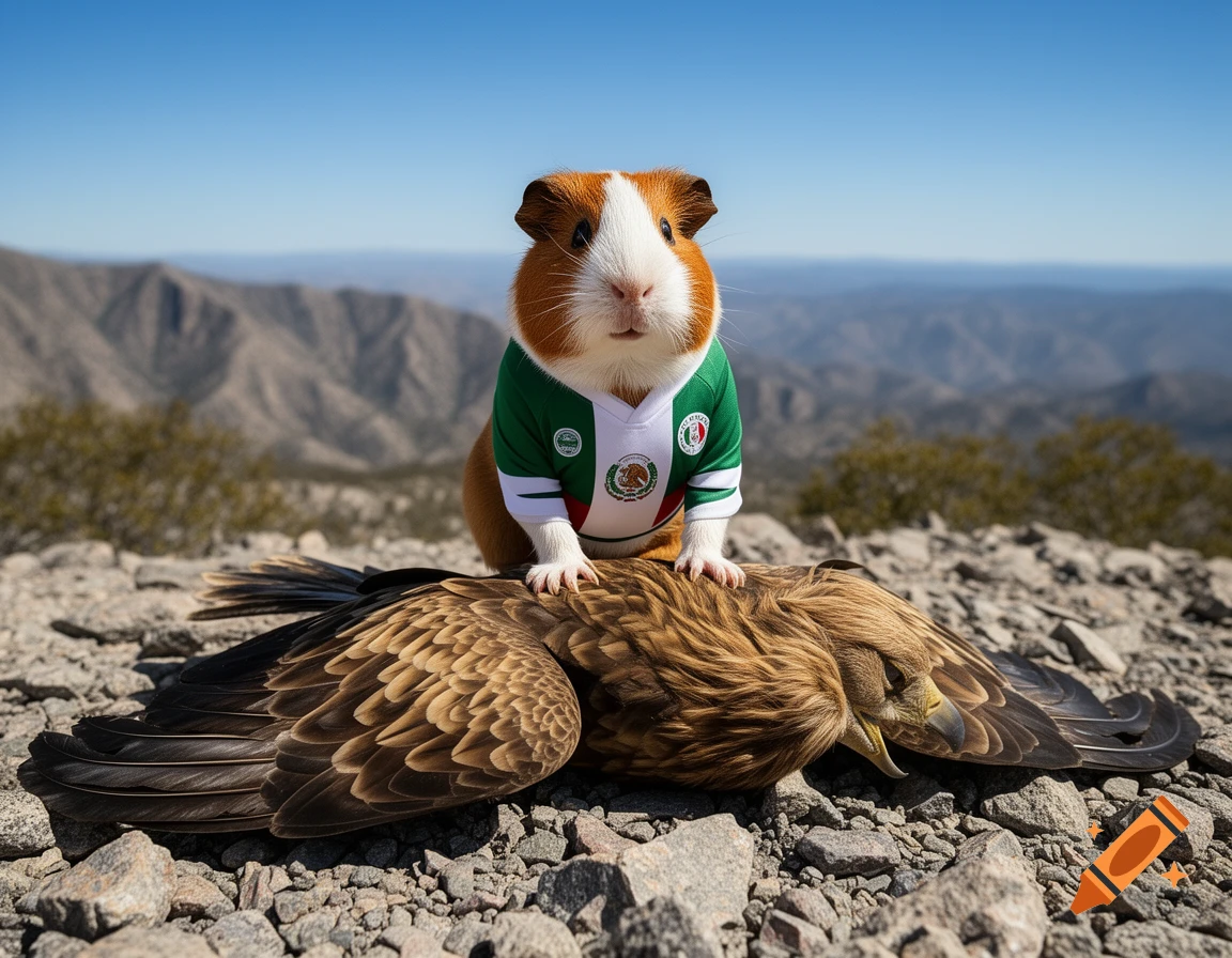 Photorealistic image of a guinea pig wearing a Mexican flag jersey, standing on a defeated golden eagle on a rocky mountain peak.