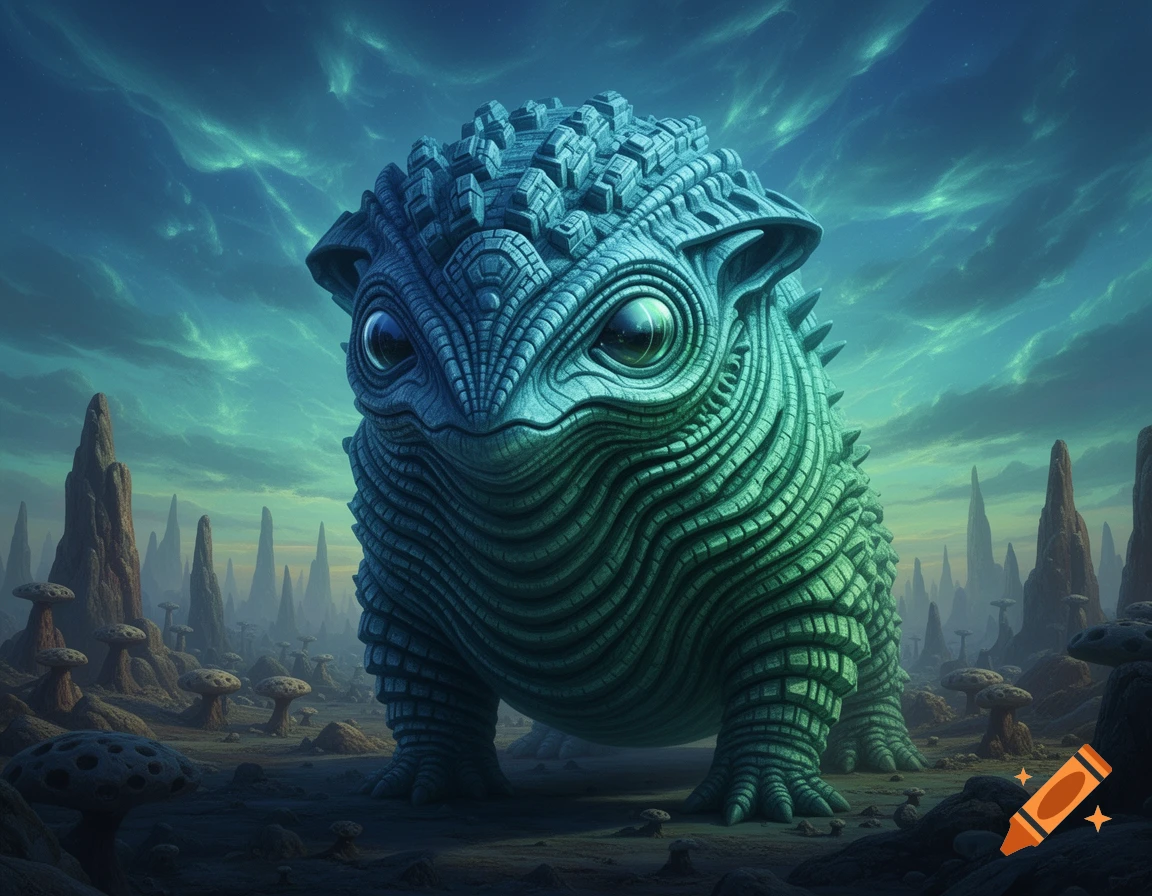 A large, teal-green greebled creature with big eyes stands on an alien planet with pointed rock formations under a cloudy, green-blue sky.