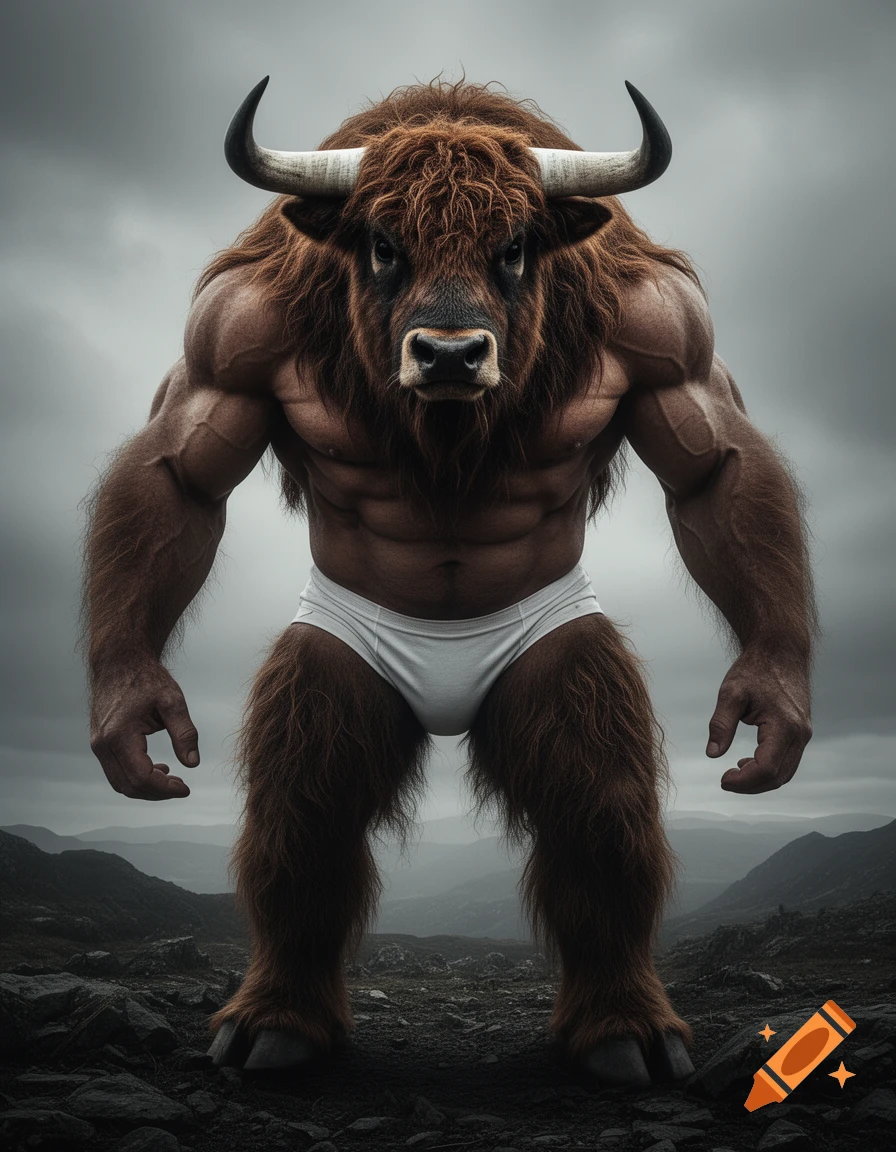 A muscular, furry minotaur-like creature with a bull's head and hooves, wearing white briefs, stands on rocky terrain.