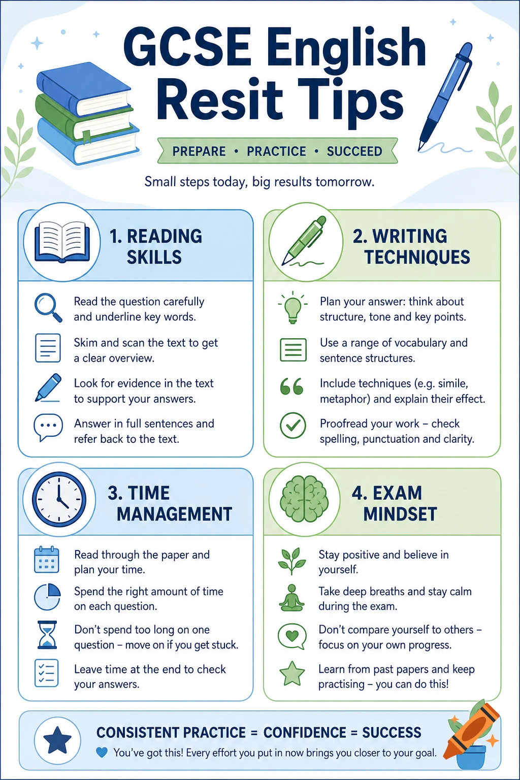 Infographic providing GCSE English Resit Tips, covering reading skills, writing techniques, time management, and exam mindset.