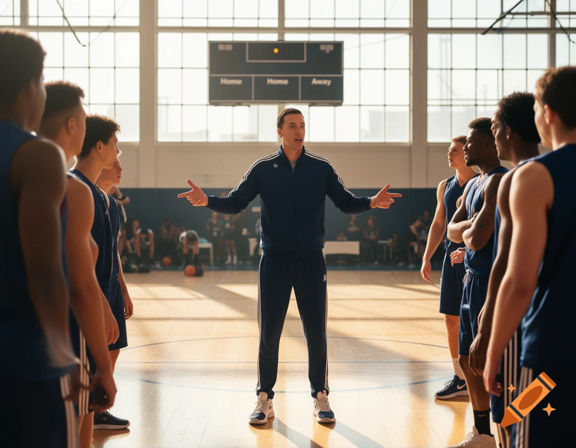 A basketball coach in a tracksuit addresses his team on a court in a brightly lit gym.
