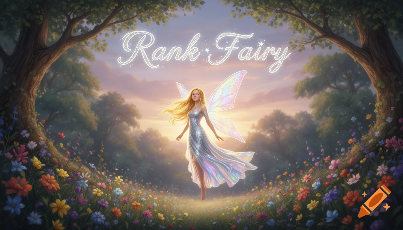 A blonde fairy with iridescent wings floats in a magical forest clearing filled with colorful flowers under a sunset sky, with 'Rank Fairy' sparkling above.