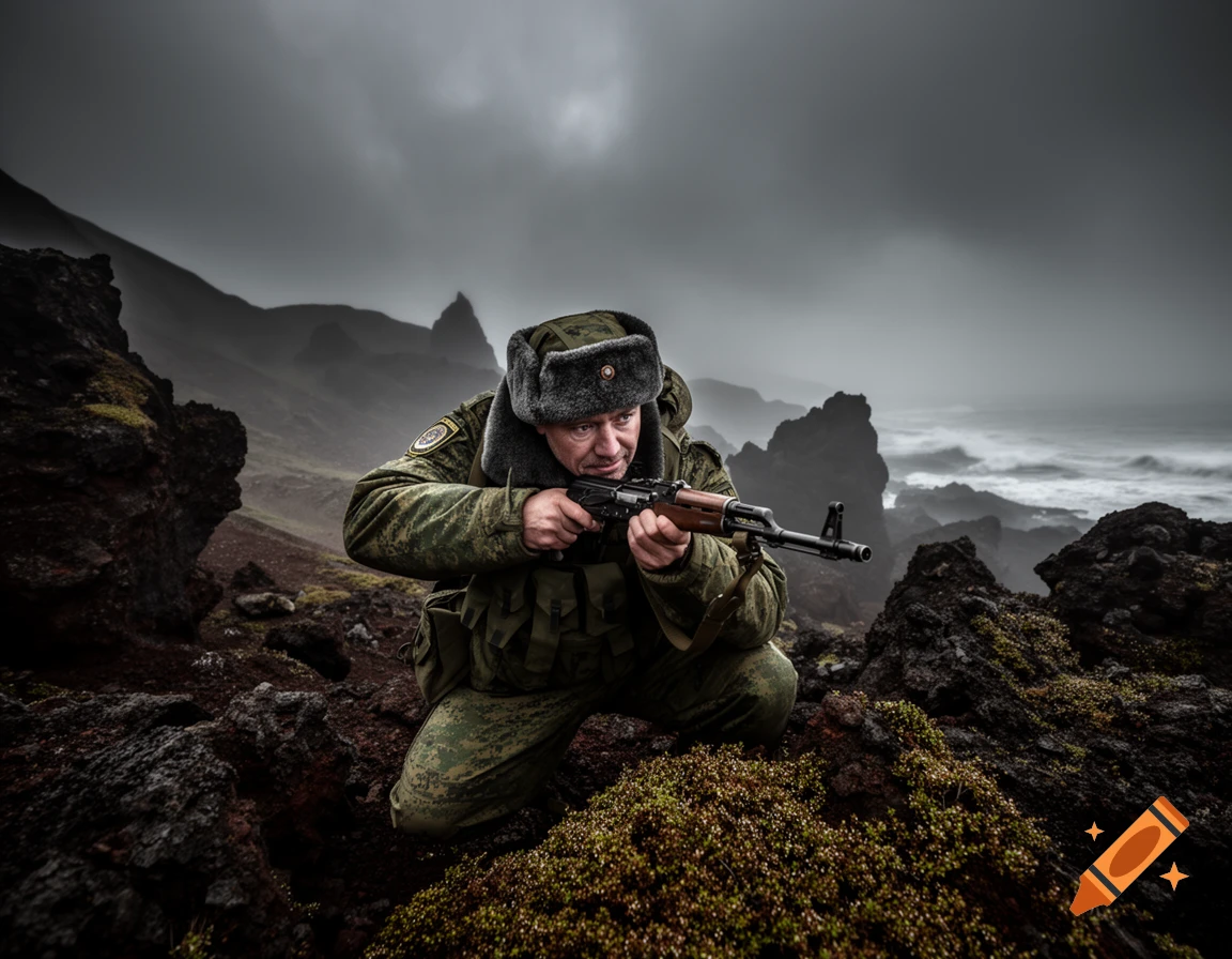 A camouflaged soldier in a fur hat kneels with a rifle on a rocky, mossy coast under a stormy sky.