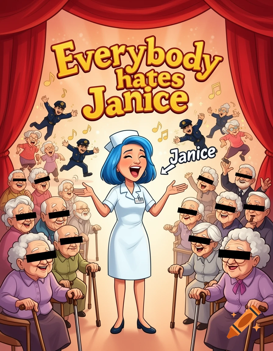 Cartoon poster for 'Everybody hates Janice' musical, featuring a blue-haired nurse singing to a group of elderly people with censored eyes and dancing cops.