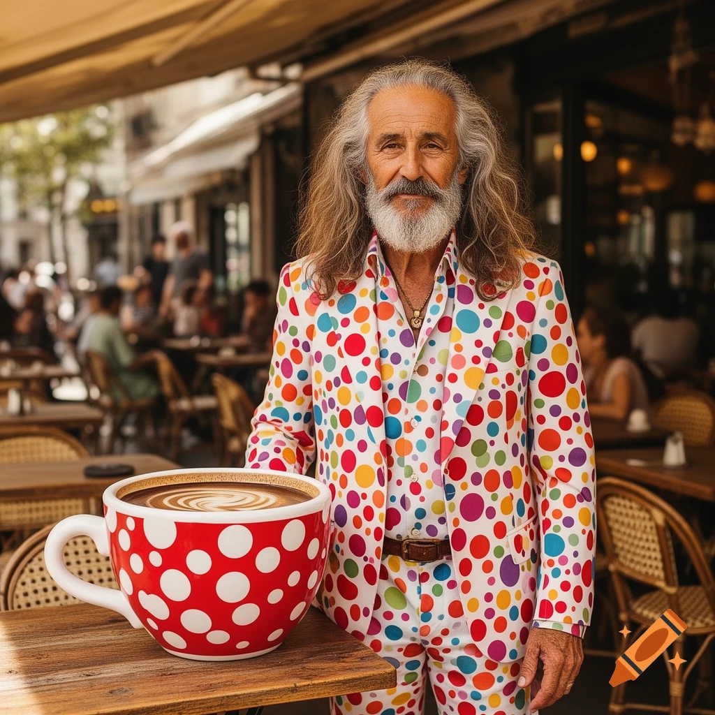 An old man in a colorful polka dot suit stands beside a giant red polka dot coffee cup with latte art at an outdoor cafe.