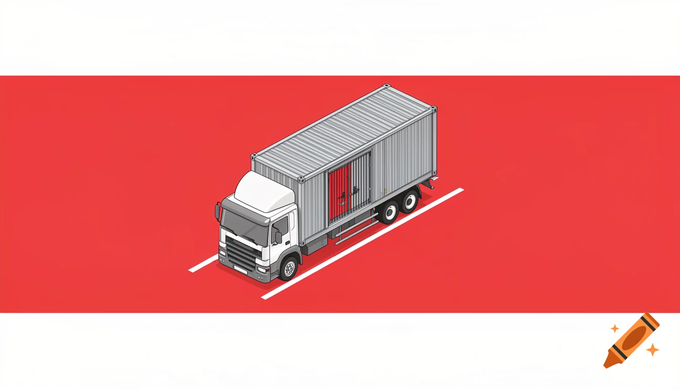 An isometric illustration of a white and grey truck with a container, set against a red background with white road lines.