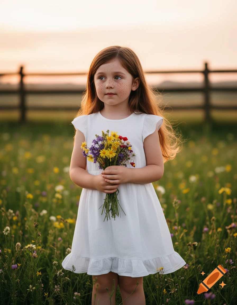 A young girl with long reddish-brown hair and freckles stands in a field of wildflowers at sunset, holding a bouquet of colorful flowers.