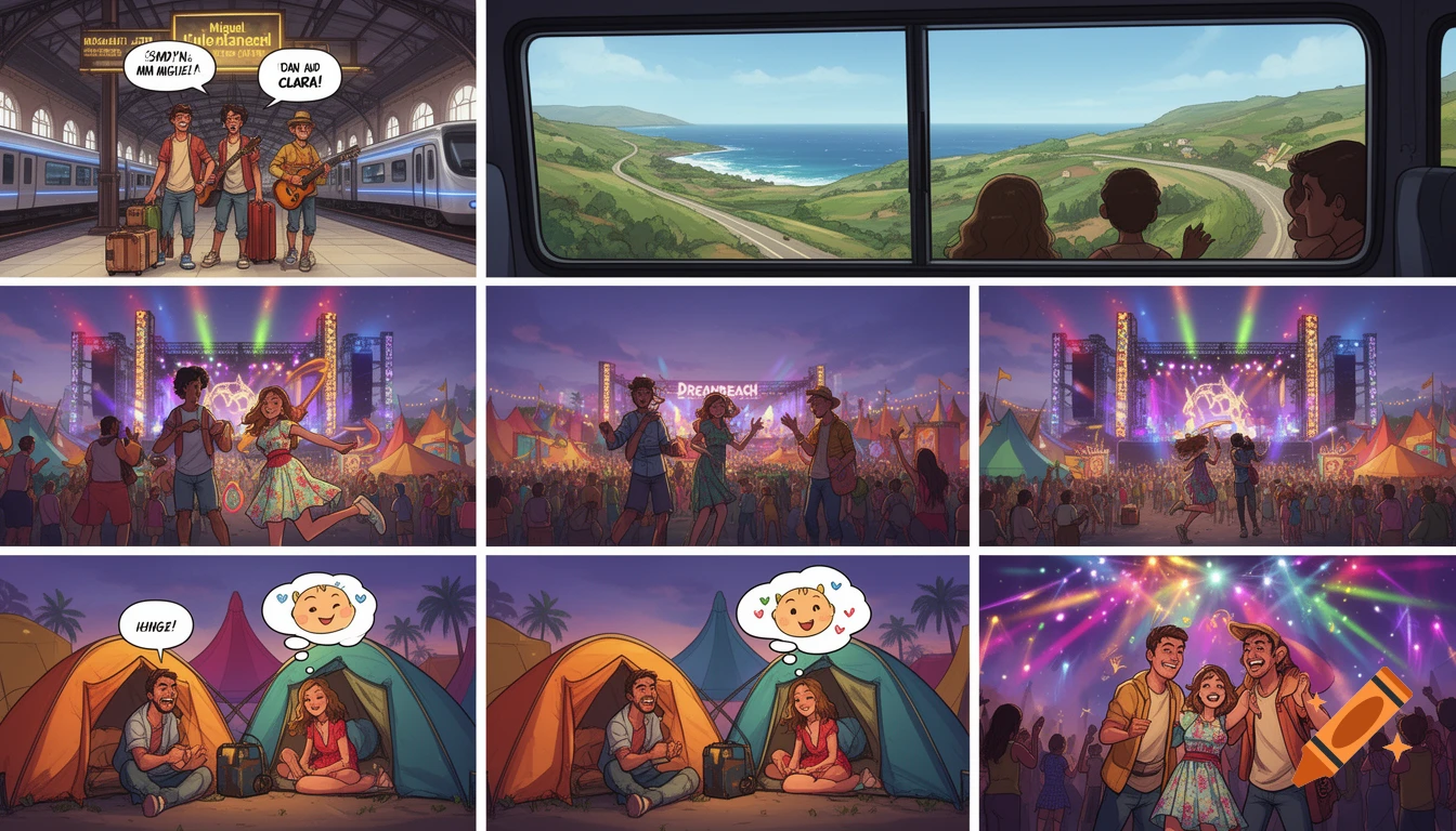 A six-panel comic strip in GTA-animated style showing friends traveling by train and bus to a vibrant music festival, camping, and enjoying the performances with colorful lights.