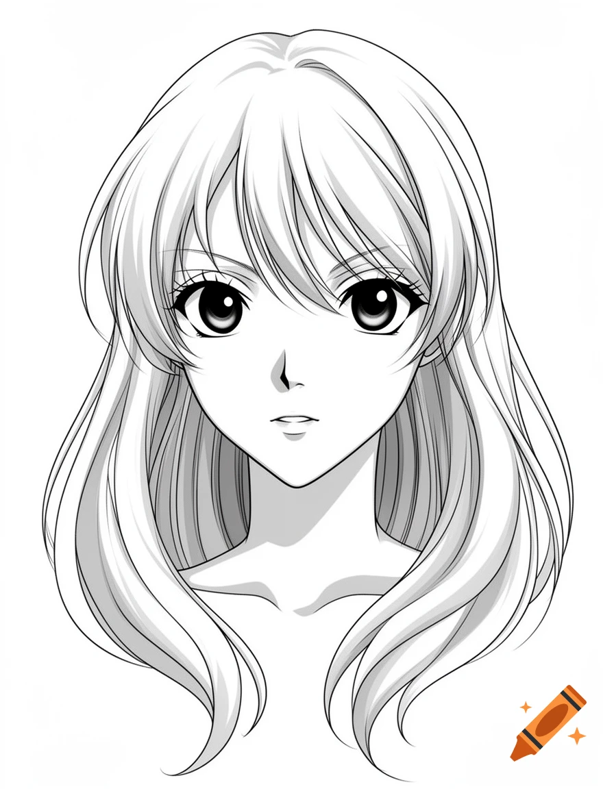 A black and white anime drawing of a girl's head with long, flowing hair and large eyes, looking forward.