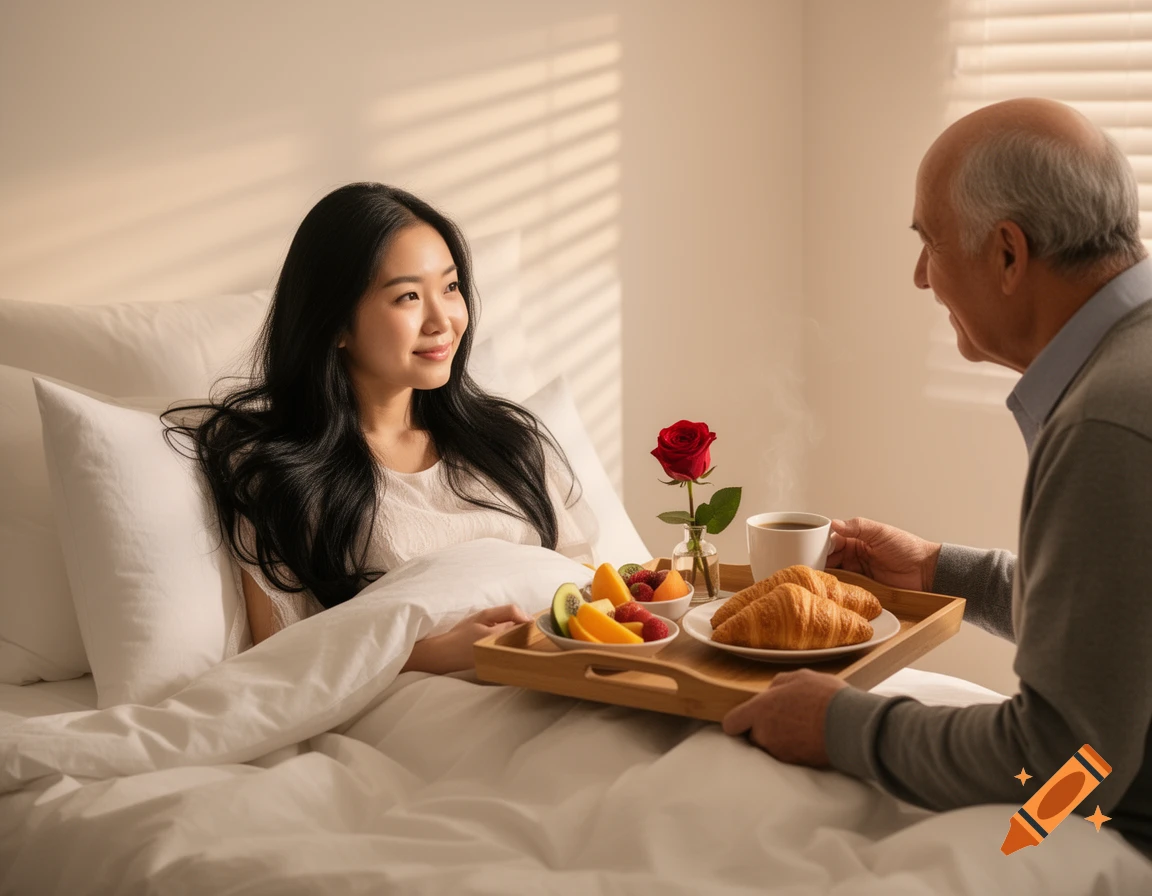 An older man serves a young Asian woman breakfast in bed, featuring croissants, fruit, a rose, and coffee.
