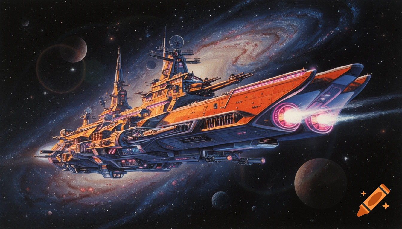 A vibrant 1970s matte painting of a massive orange and blue sci-fi warship flying through a starry galaxy with planets.