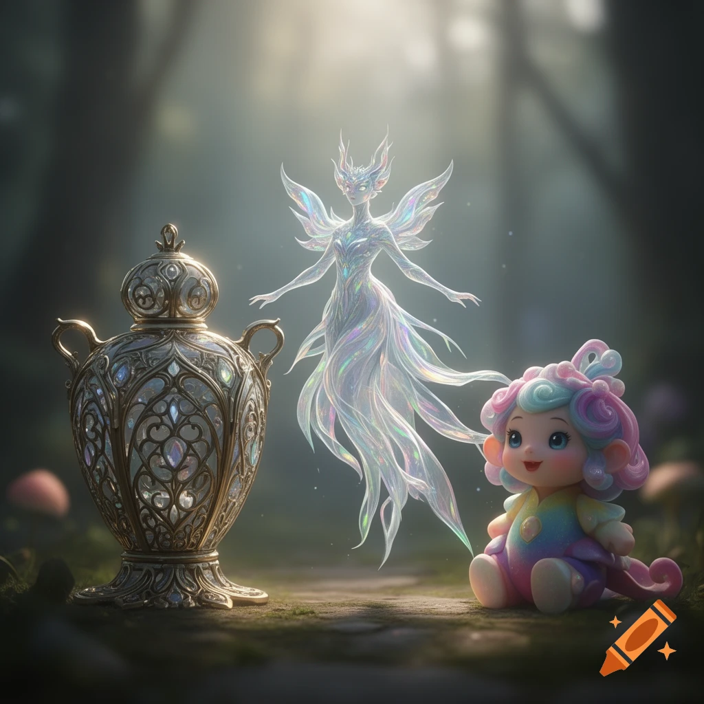A shimmering spirit fairy floats near an ornate jeweled urn and a colorful cartoon doll in an ethereal forest.