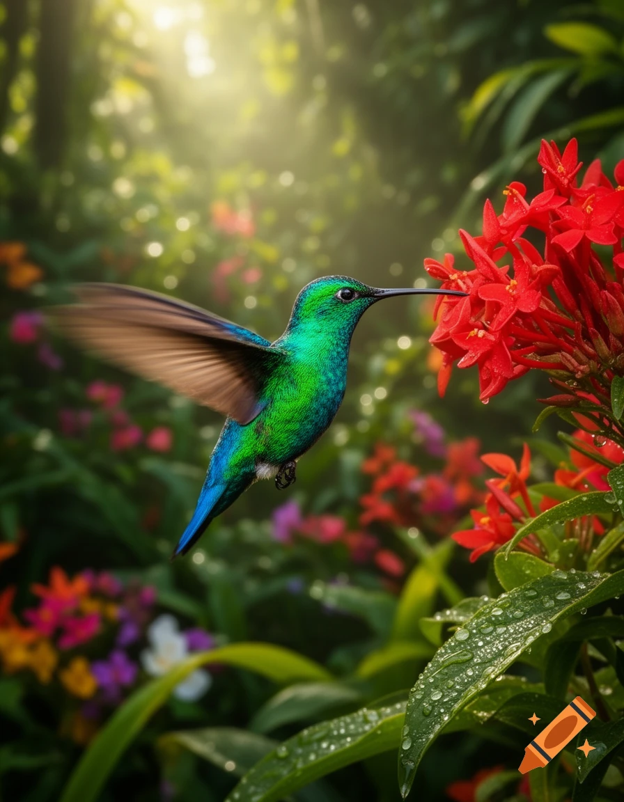 A vibrant green and blue hummingbird sips nectar from red flowers in a lush, sunlit garden, with dewdrops on leaves.