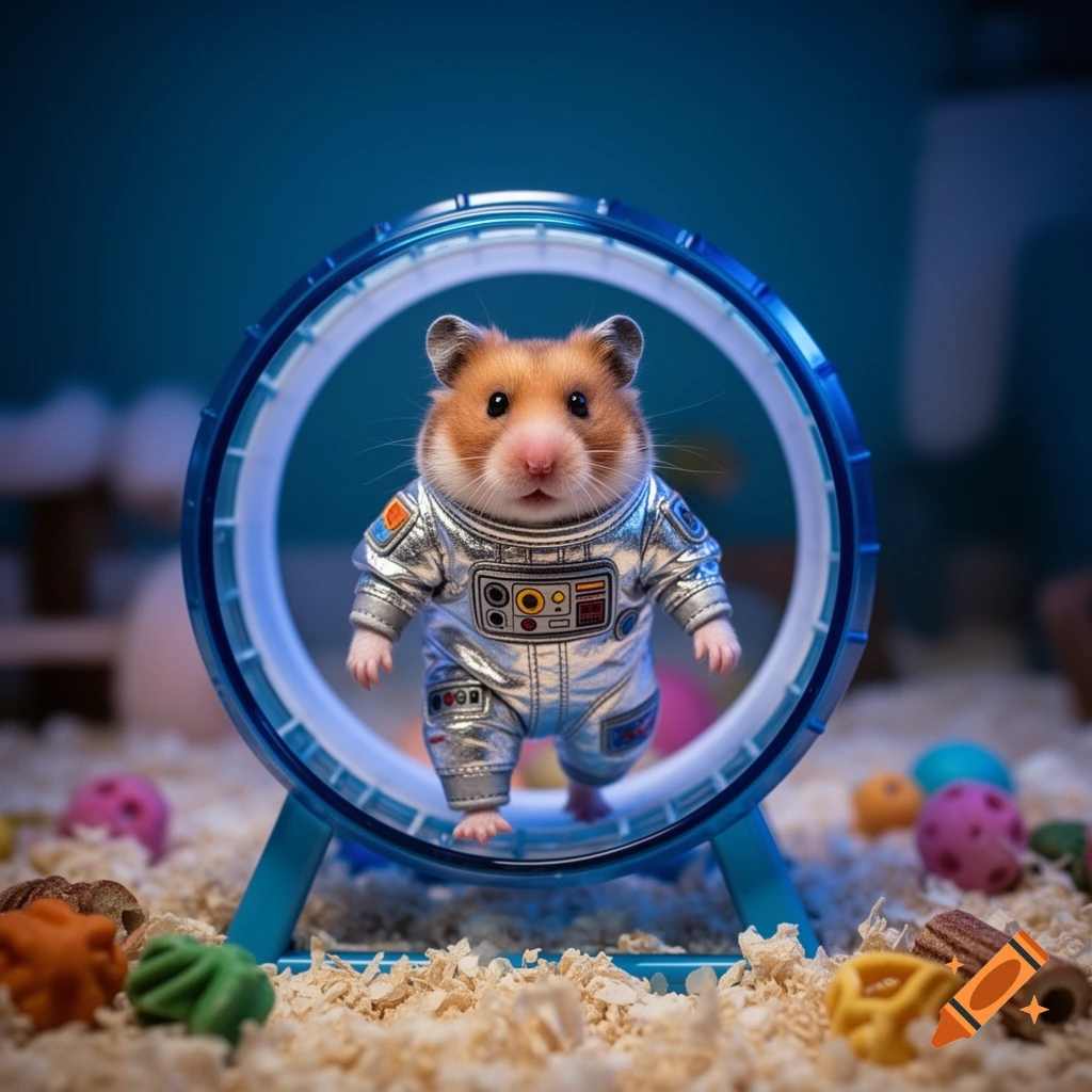 A photorealistic image of a hamster in a shiny silver astronaut suit, standing victoriously in a blue hamster wheel surrounded by bedding and toys.
