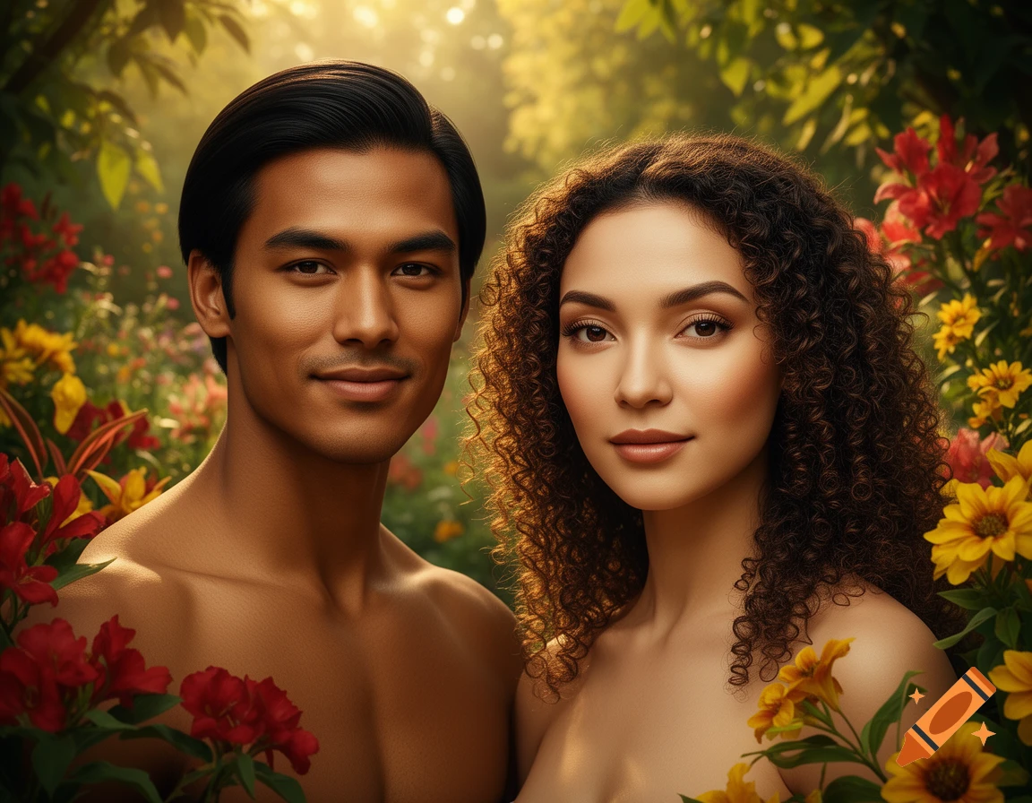 A photorealistic portrait of a man and a woman with diverse features, shirtless, standing amidst vibrant flowers in a lush garden.