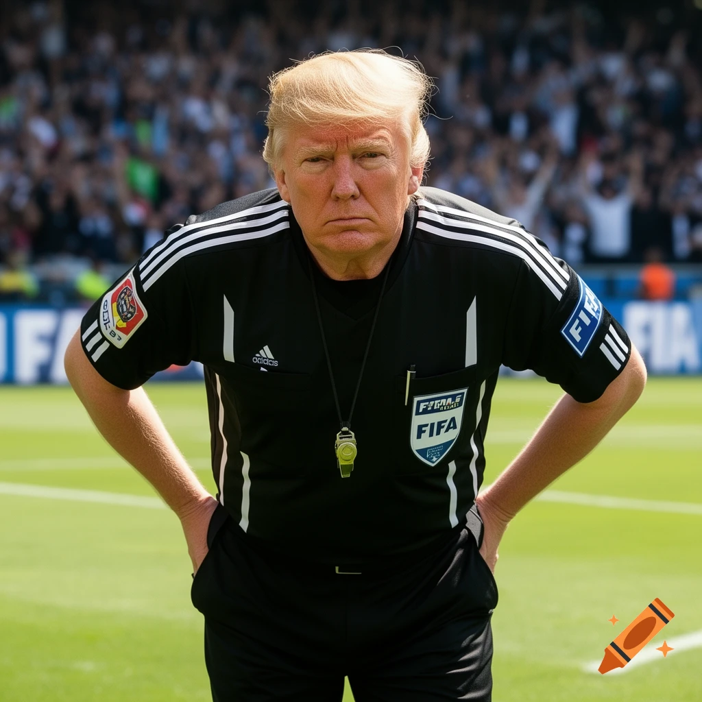 Photorealistic image of Donald Trump dressed as a serious FIFA soccer referee, standing on a green field with spectators in the blurred background.