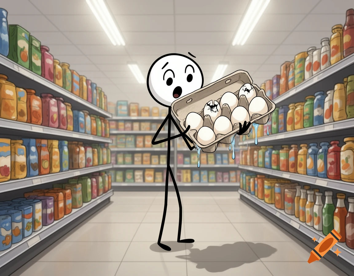 A surprised stick figure character holds a carton of broken eggs in a supermarket aisle filled with products.