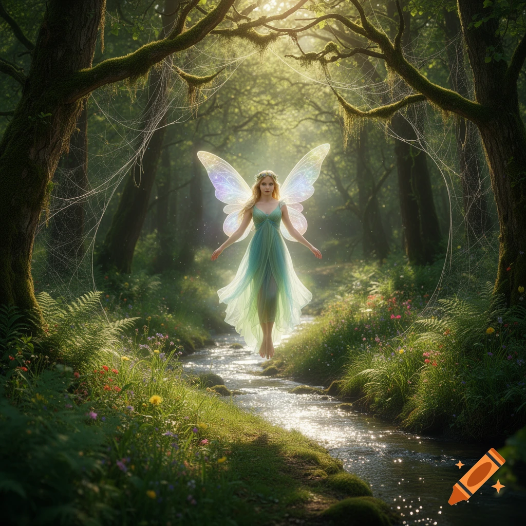 A radiant fairy with iridescent wings hovers over a sparkling stream in a sunlit, enchanted forest.