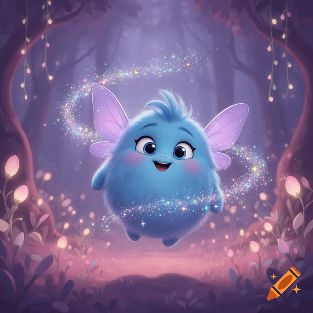 A fluffy blue creature with pink cheeks and translucent wings smiles in a mystical purple forest with glowing plants and sparkling trails.