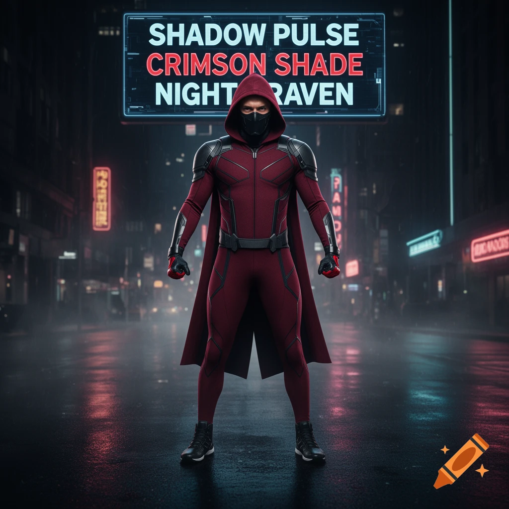 A person in a red and black superhero suit stands on a wet street at night under a neon sign displaying hero names.