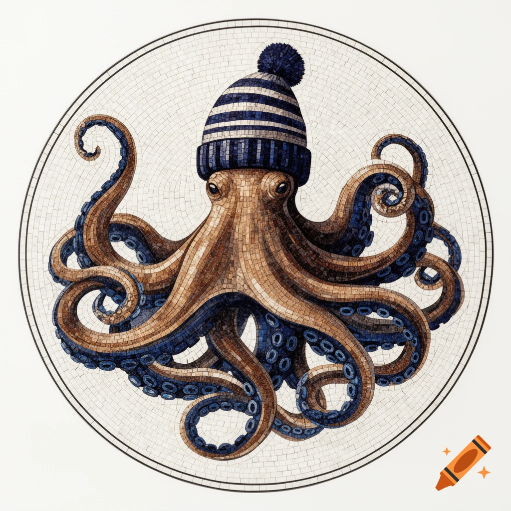 Mosaic illustration of a brown and dark blue octopus wearing a striped beanie, within a circular frame.